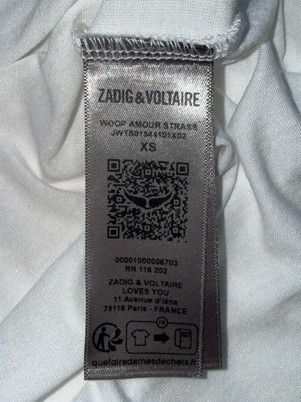 NWT💕Zadig & Voltaire Woop Amour Strass T-Shirt in BLANC Size XS - Picture 10 of 13